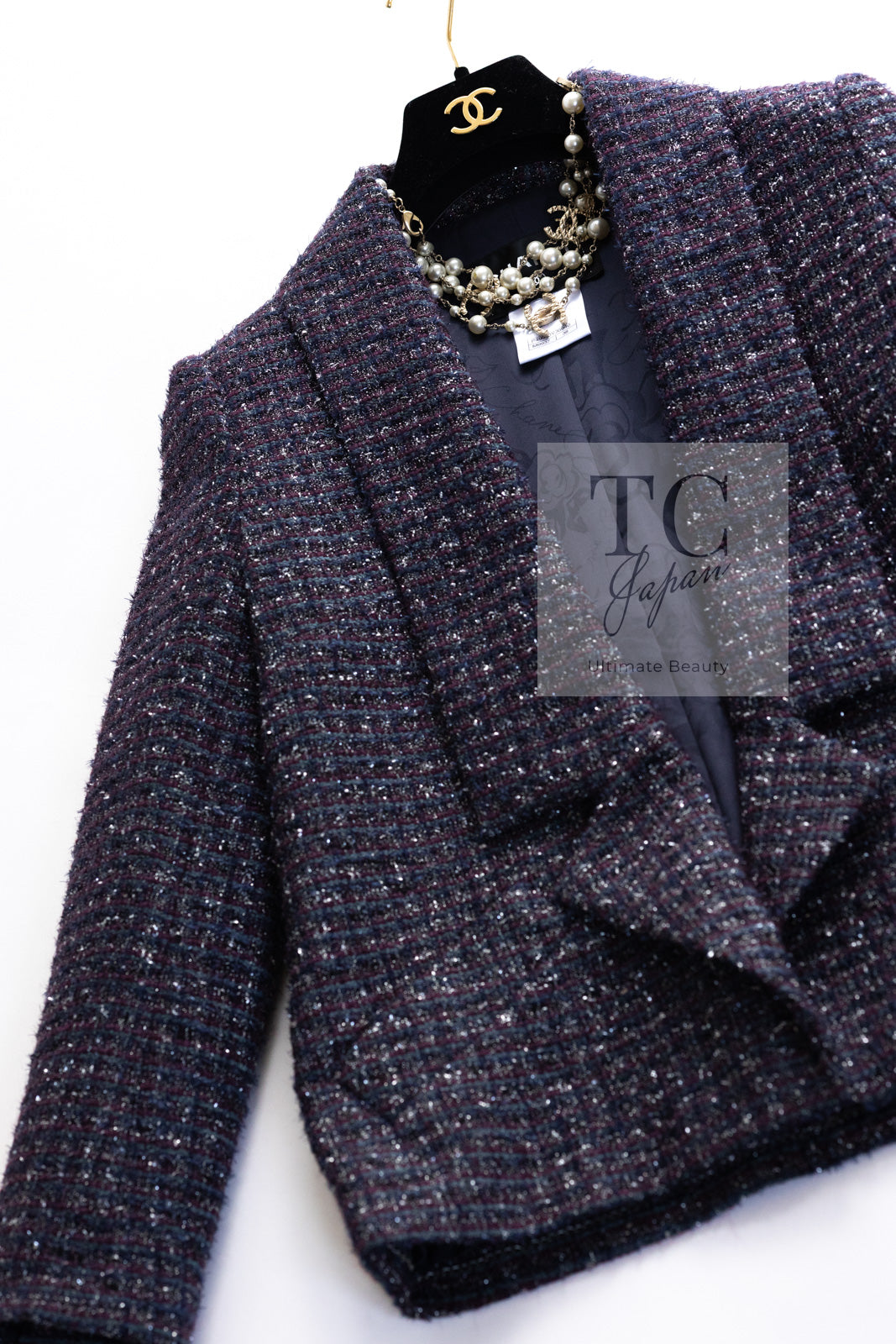 CHANEL 14B Navy Purple Metallic Tweed Jacket 36 38 シャネル ネイビー パープル メタリック ツイード ジャケット 即発