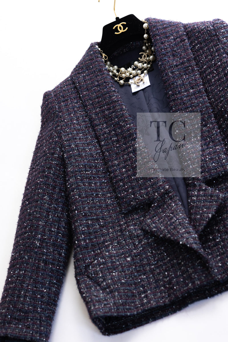 CHANEL 14B Navy Purple Metallic Tweed Jacket 36 38 シャネル ネイビー パープル メタリック ツイード ジャケット 即発
