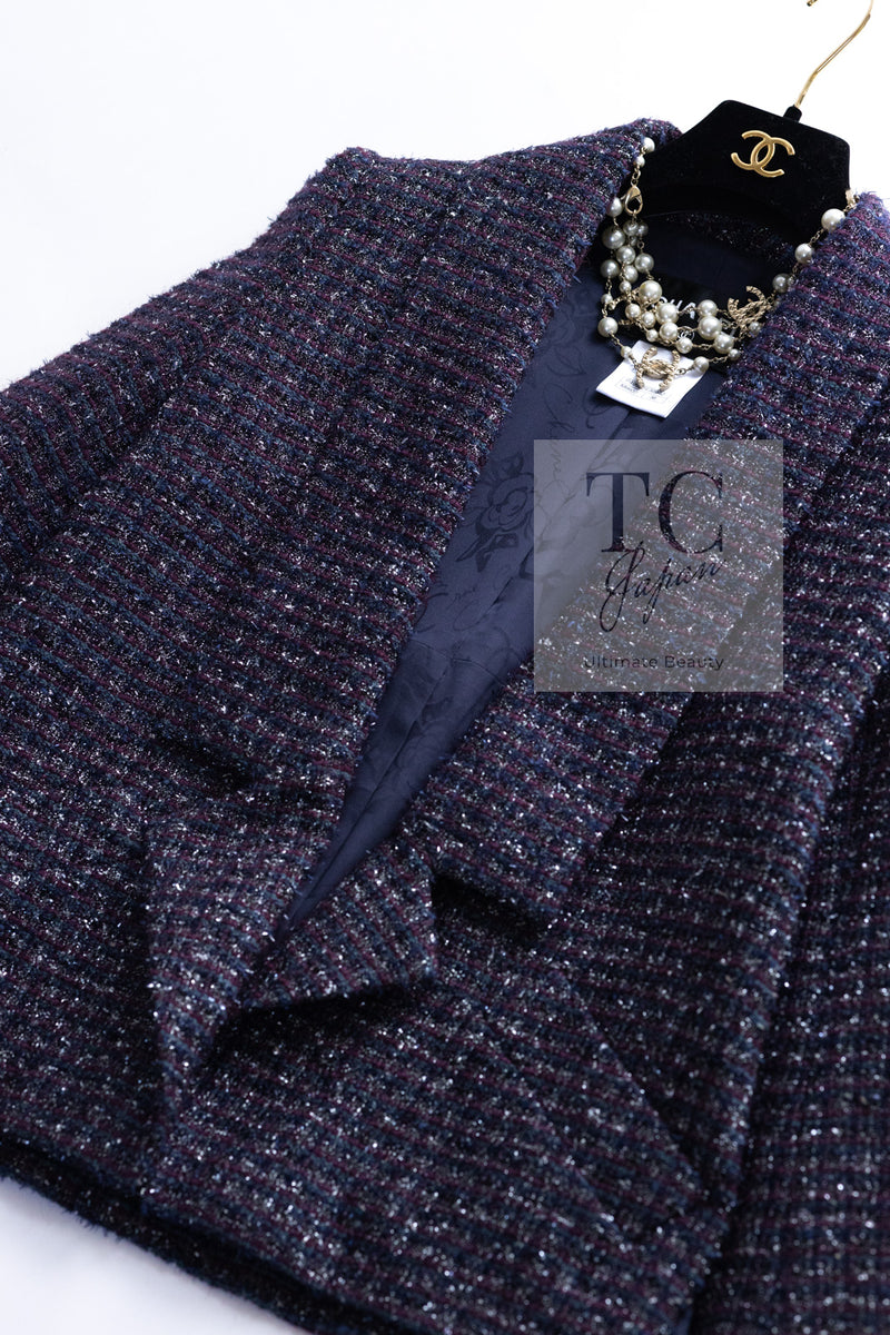 CHANEL 14B Navy Purple Metallic Tweed Jacket 36 38 シャネル ネイビー パープル メタリック ツイード ジャケット 即発