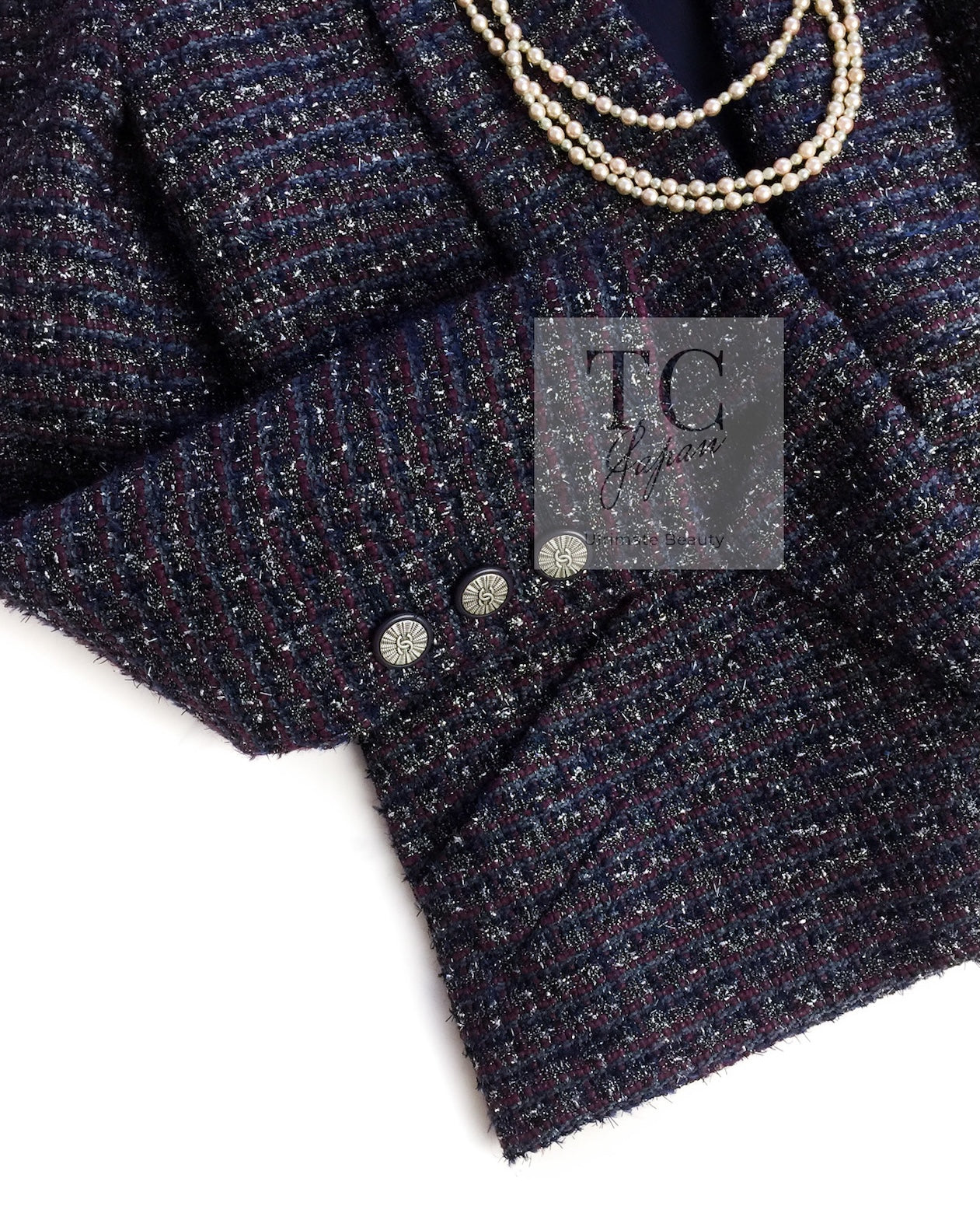 CHANEL 14B Navy Purple Metallic Tweed Jacket 36 38 シャネル ネイビー パープル メタリック ツイード ジャケット 即発