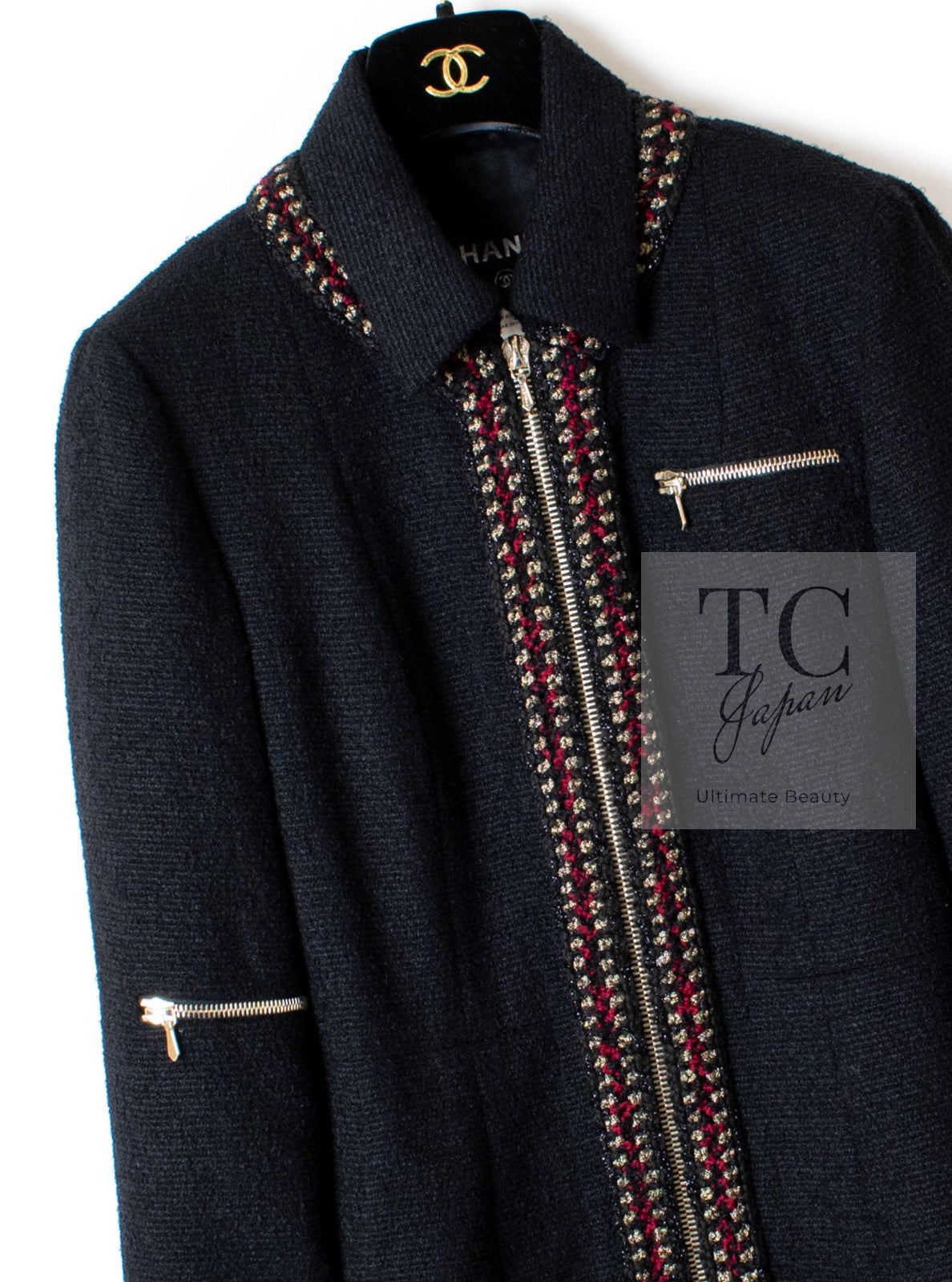 CHANEL 10PF Black Zipper Pocket Wool Silk Jacket 38 シャネル ブラック ジッパー ポケット ウール シルク ジャケット 即発