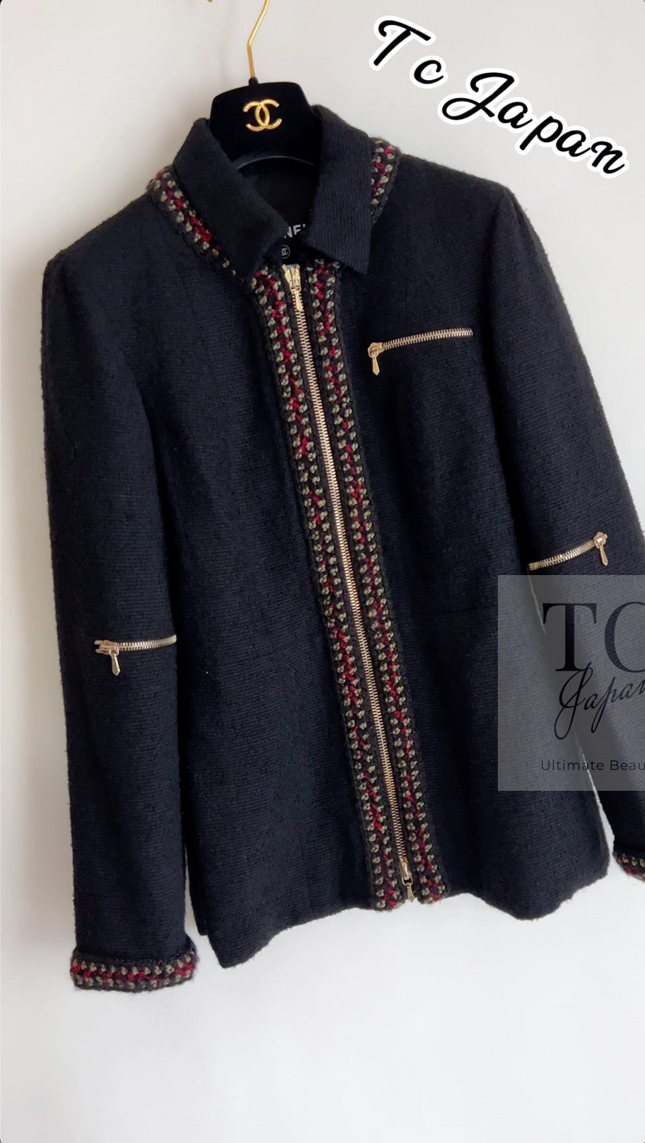 CHANEL 10PF Black Zipper Pocket Wool Silk Jacket 38 シャネル ブラック ジッパー ポケット ウール シルク ジャケット 即発