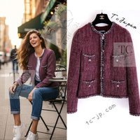 CHANEL 08A Bordeaux Wine Red Gray Wool Tweed Jacket 34 シャネル ボルドー ワイン レッド グレー ウール ツイード ジャケット 即発