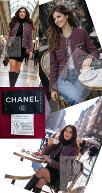 CHANEL 08A Bordeaux Wine Red Gray Wool Tweed Jacket 34 シャネル ボルドー ワイン レッド グレー ウール ツイード ジャケット 即発