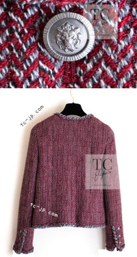 CHANEL 08A Bordeaux Wine Red Gray Collarless Wool Tweed Jacket 38 5
