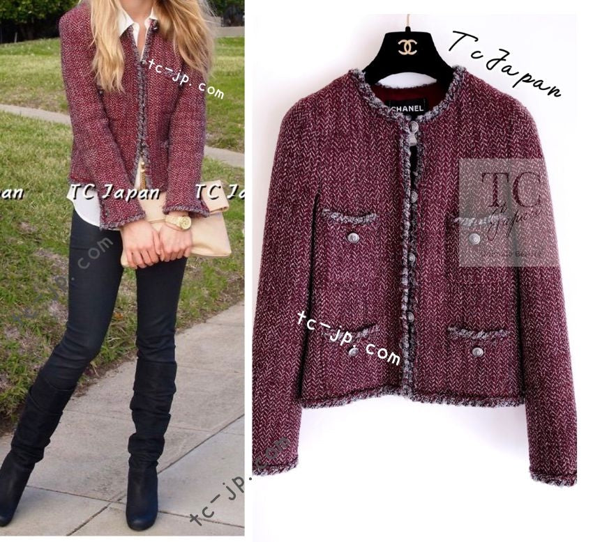 CHANEL 08A Bordeaux Wine Red Gray Wool Tweed Jacket 34 シャネル ボルドー ワイン レッド グレー ウール ツイード ジャケット 即発
