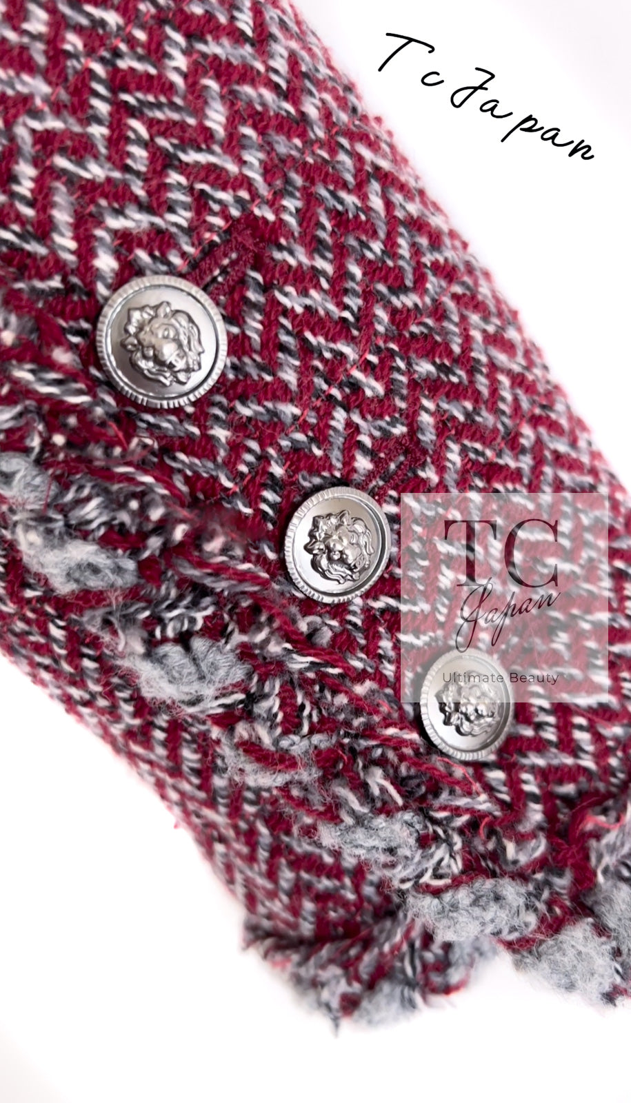 CHANEL 08A Bordeaux Wine Red Gray Wool Tweed Jacket 34 シャネル ボルドー ワイン レッド グレー ウール ツイード ジャケット 即発