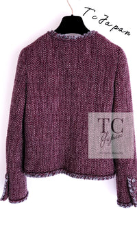 CHANEL 08A Bordeaux Wine Red Gray Collarless Wool Tweed Jacket 38 19