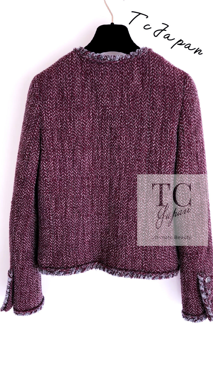CHANEL 08A Bordeaux Wine Red Gray Collarless Wool Tweed Jacket 38 19