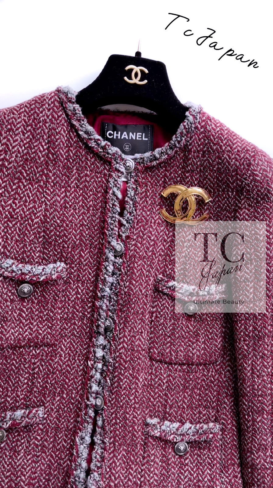CHANEL 08A Bordeaux Wine Red Gray Wool Tweed Jacket 34 シャネル ボルドー ワイン レッド グレー ウール ツイード ジャケット 即発