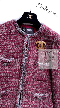 CHANEL 08A Bordeaux Wine Red Gray Collarless Wool Tweed Jacket 38 20