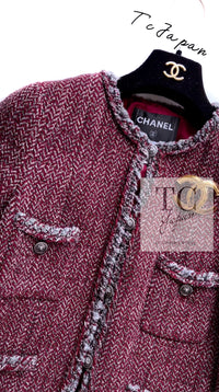 CHANEL 08A Bordeaux Wine Red Gray Collarless Wool Tweed Jacket 38 | HK