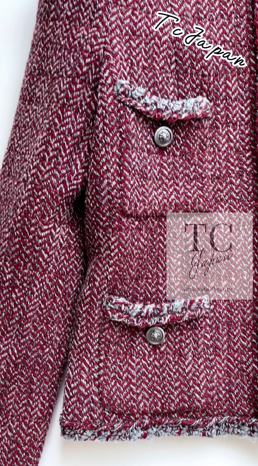 CHANEL 08A Bordeaux Wine Red Gray Wool Tweed Jacket 34 シャネル ボルドー ワイン レッド グレー ウール ツイード ジャケット 即発
