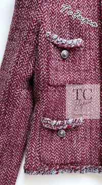 CHANEL 08A Bordeaux Wine Red Gray Collarless Wool Tweed Jacket 38 | HK