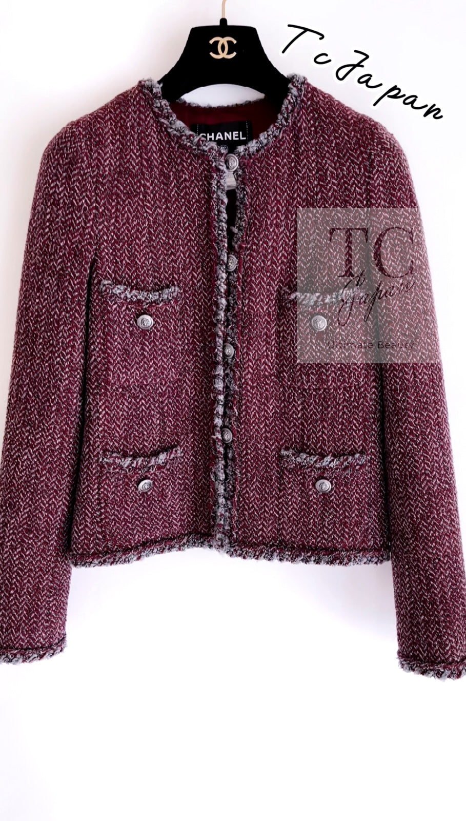 CHANEL 08A Bordeaux Wine Red Gray Wool Tweed Jacket 34 シャネル ボルドー ワイン レッド グレー ウール ツイード ジャケット 即発