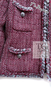 CHANEL 08A Bordeaux Wine Red Gray Collarless Wool Tweed Jacket 38 | HK