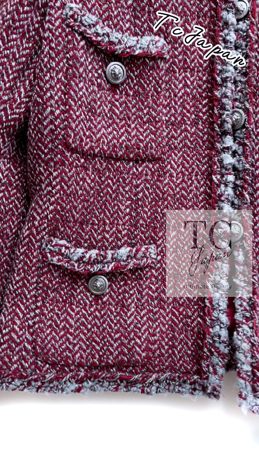 CHANEL 08A Bordeaux Wine Red Gray Collarless Wool Tweed Jacket 38 | HK