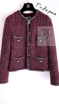 CHANEL 08A Bordeaux Wine Red Gray Collarless Wool Tweed Jacket 38 2