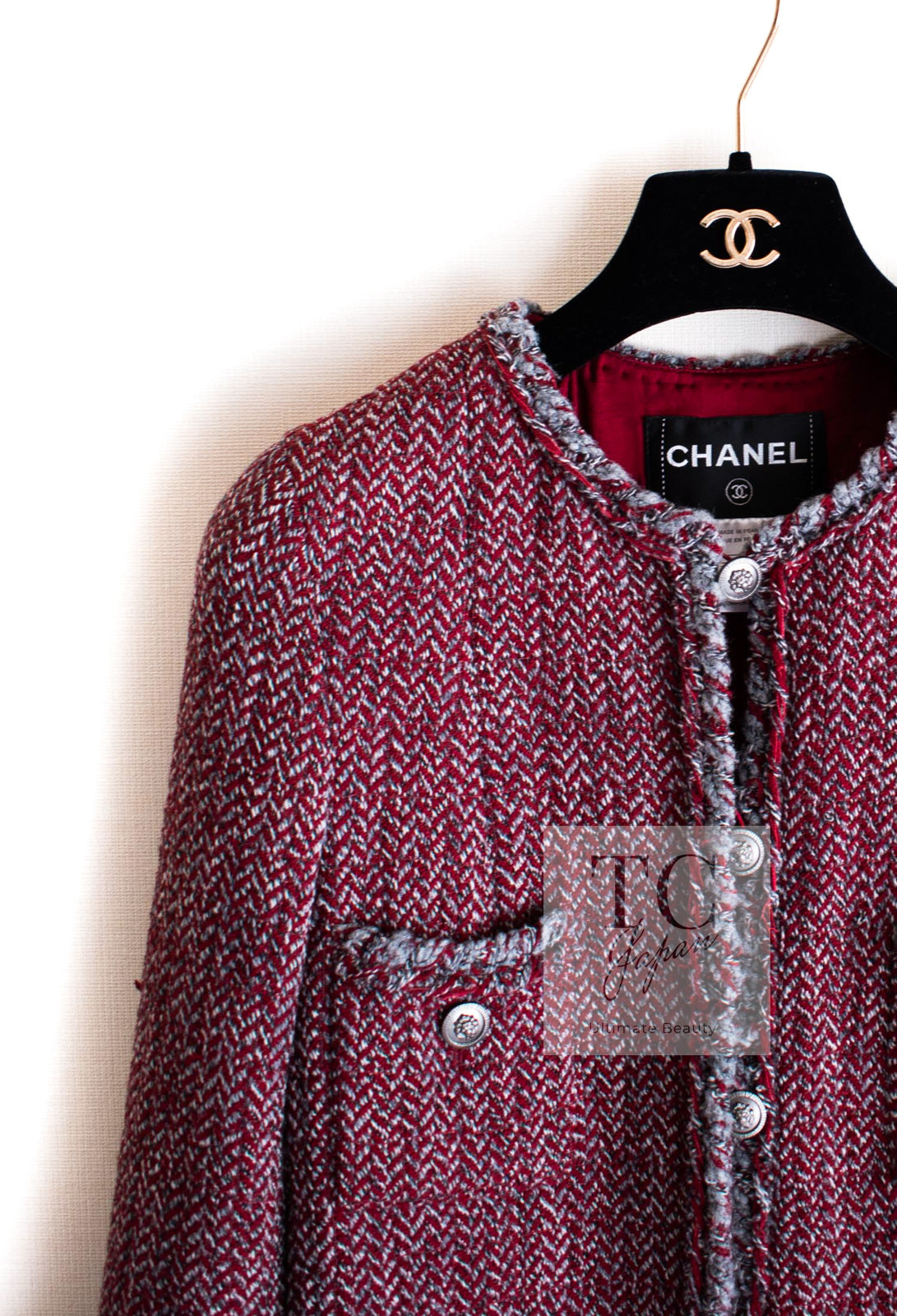 CHANEL 08A Bordeaux Wine Red Gray Wool Tweed Jacket 34 シャネル ボルドー ワイン レッド グレー ウール ツイード ジャケット 即発