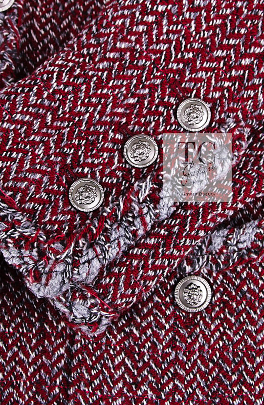 CHANEL 08A Bordeaux Wine Red Gray Wool Tweed Jacket 34 シャネル ボルドー ワイン レッド グレー ウール ツイード ジャケット 即発