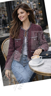 CHANEL 08A Bordeaux Wine Red Gray Collarless Wool Tweed Jacket 38 12