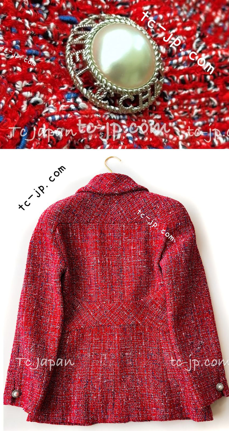 CHANEL 19PS Red Pearl Logo Buttons Tweed Jacket 38 シャネル レッド パール ロゴ ボタン ツイード ジャケット 即発