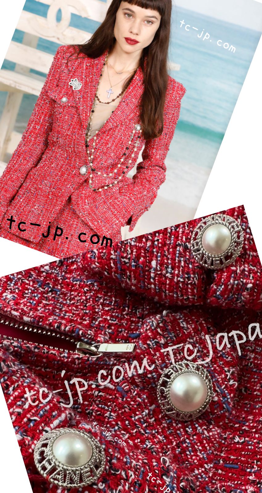 CHANEL 19PS Red Pearl Logo Buttons Tweed Jacket 46 シャネル レッド パール ロゴ ボタン ツイード  ジャケット 即発