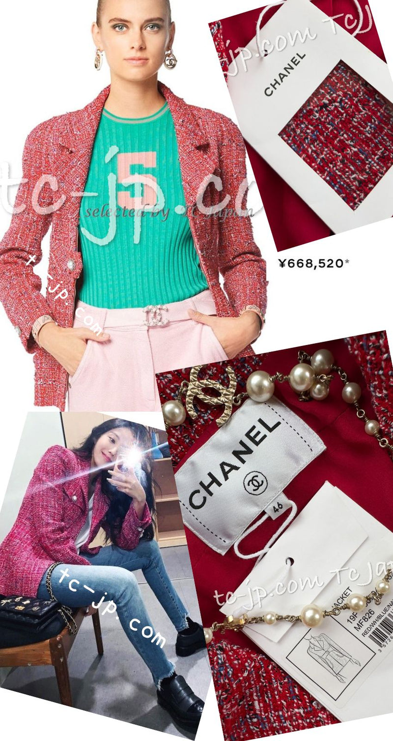 CHANEL 19PS Red Pearl Logo Buttons Tweed Jacket 38 シャネル レッド パール ロゴ ボタン ツイード ジャケット 即発