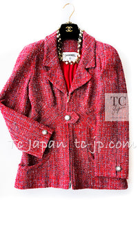 CHANEL 19PS Red Pearl Logo Buttons Tweed Jacket 38 シャネル レッド パール ロゴ ボタン ツイード ジャケット 即発