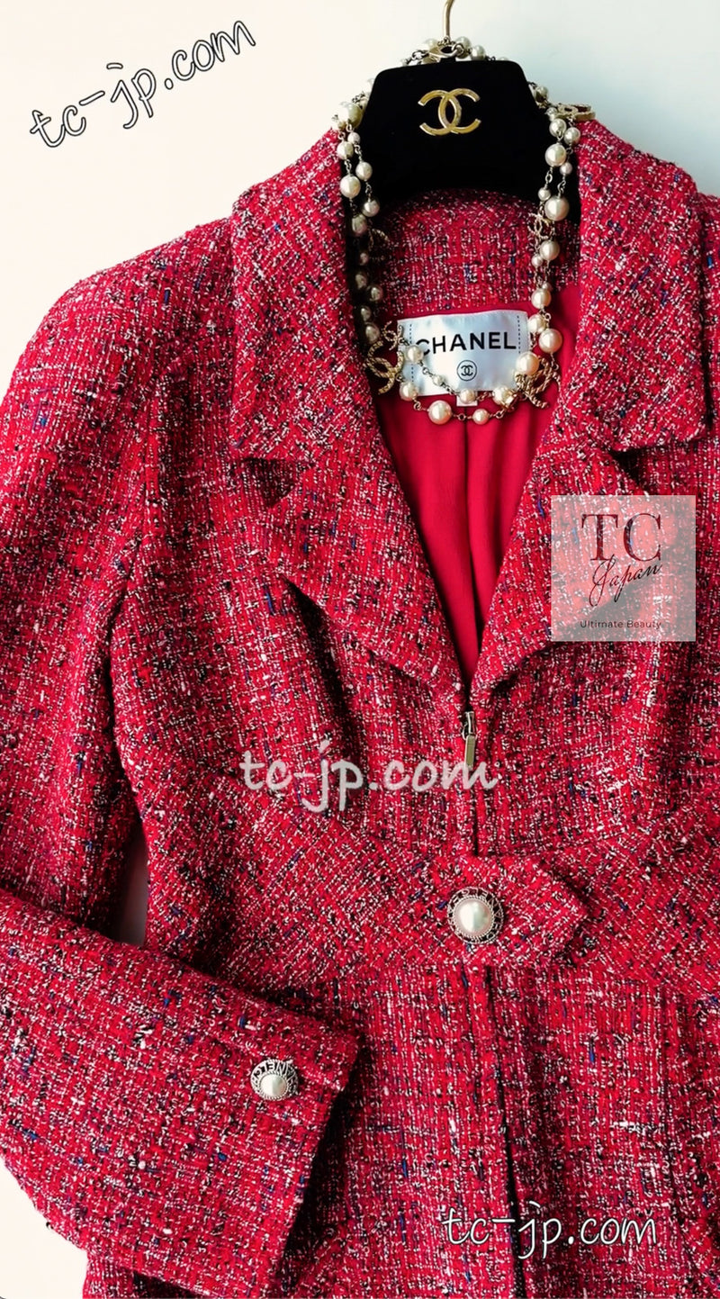 CHANEL 19PS Red Pearl Logo Buttons Tweed Jacket 38 シャネル レッド パール ロゴ ボタン ツイード ジャケット 即発