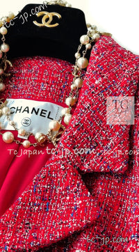 CHANEL 19PS Red Pearl Logo Buttons Tweed Jacket 38 シャネル レッド パール ロゴ ボタン ツイード ジャケット 即発