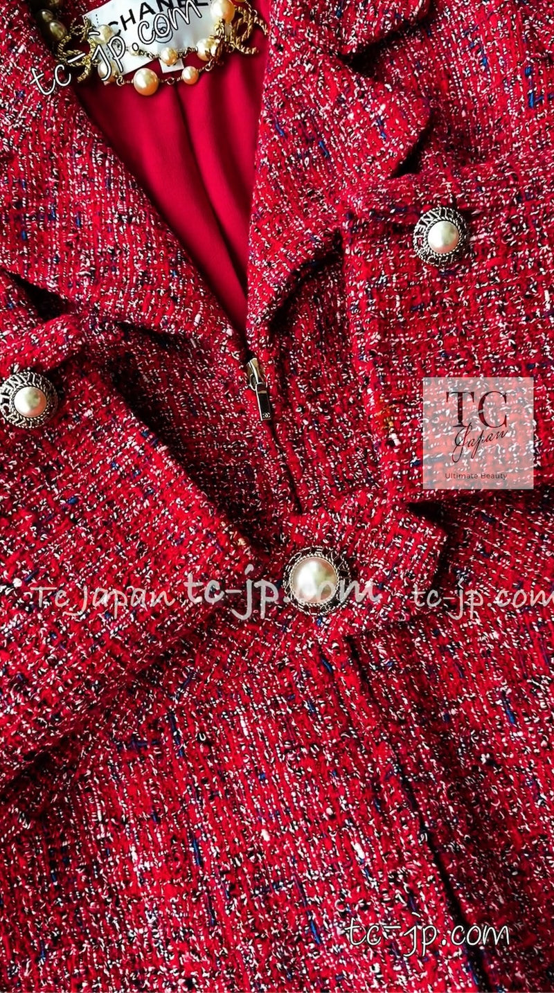 CHANEL 19PS Red Pearl Logo Buttons Tweed Jacket 38 シャネル レッド パール ロゴ ボタン ツイード ジャケット 即発