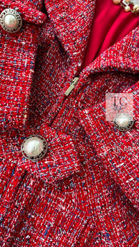 CHANEL 19PS Red Pearl Logo Buttons Tweed Jacket 38 シャネル レッド パール ロゴ ボタン ツイード ジャケット 即発