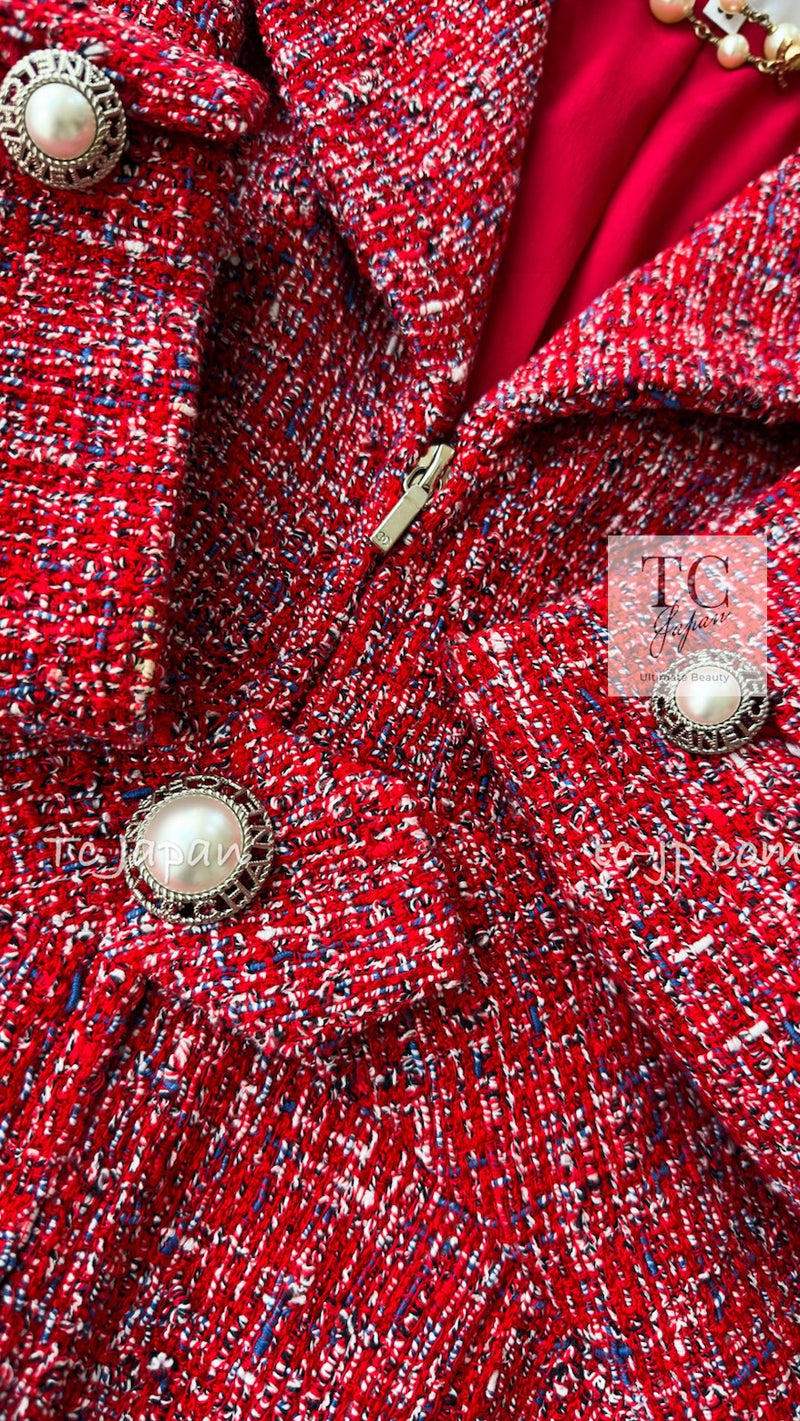 CHANEL 19PS Red Pearl Logo Buttons Tweed Jacket 38 シャネル レッド パール ロゴ ボタン ツイード ジャケット 即発