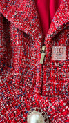 CHANEL 19PS Red Pearl Logo Buttons Tweed Jacket 38 シャネル レッド パール ロゴ ボタン ツイード ジャケット 即発