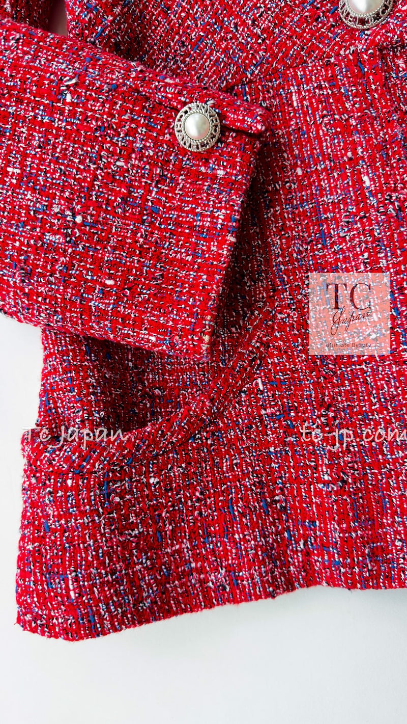 CHANEL 19PS Red Pearl Logo Buttons Tweed Jacket 38 シャネル レッド パール ロゴ ボタン ツイード ジャケット 即発