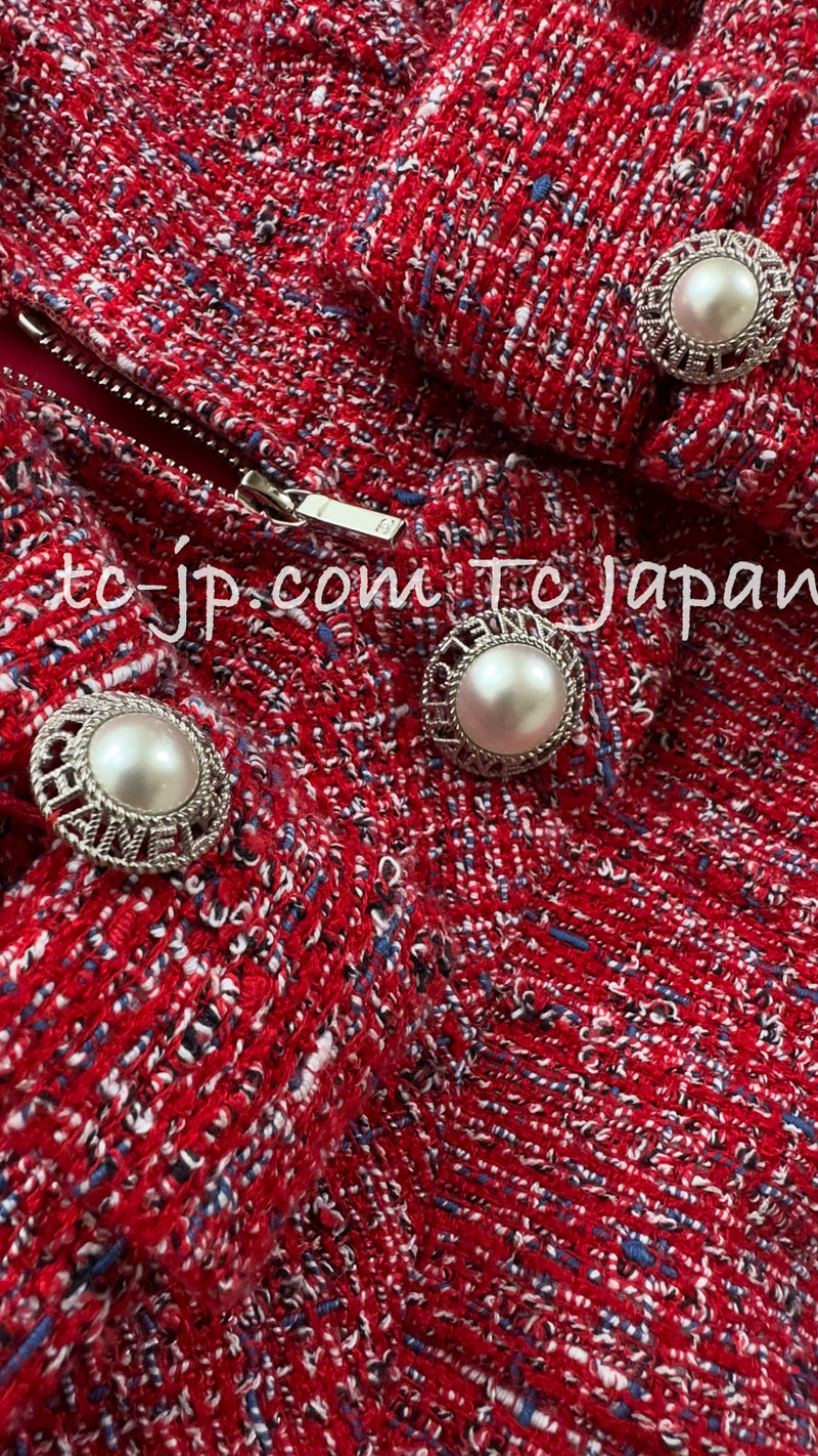 CHANEL 19PS Red Pearl Logo Buttons Tweed Jacket 38 シャネル レッド パール ロゴ ボタン ツイード ジャケット 即発