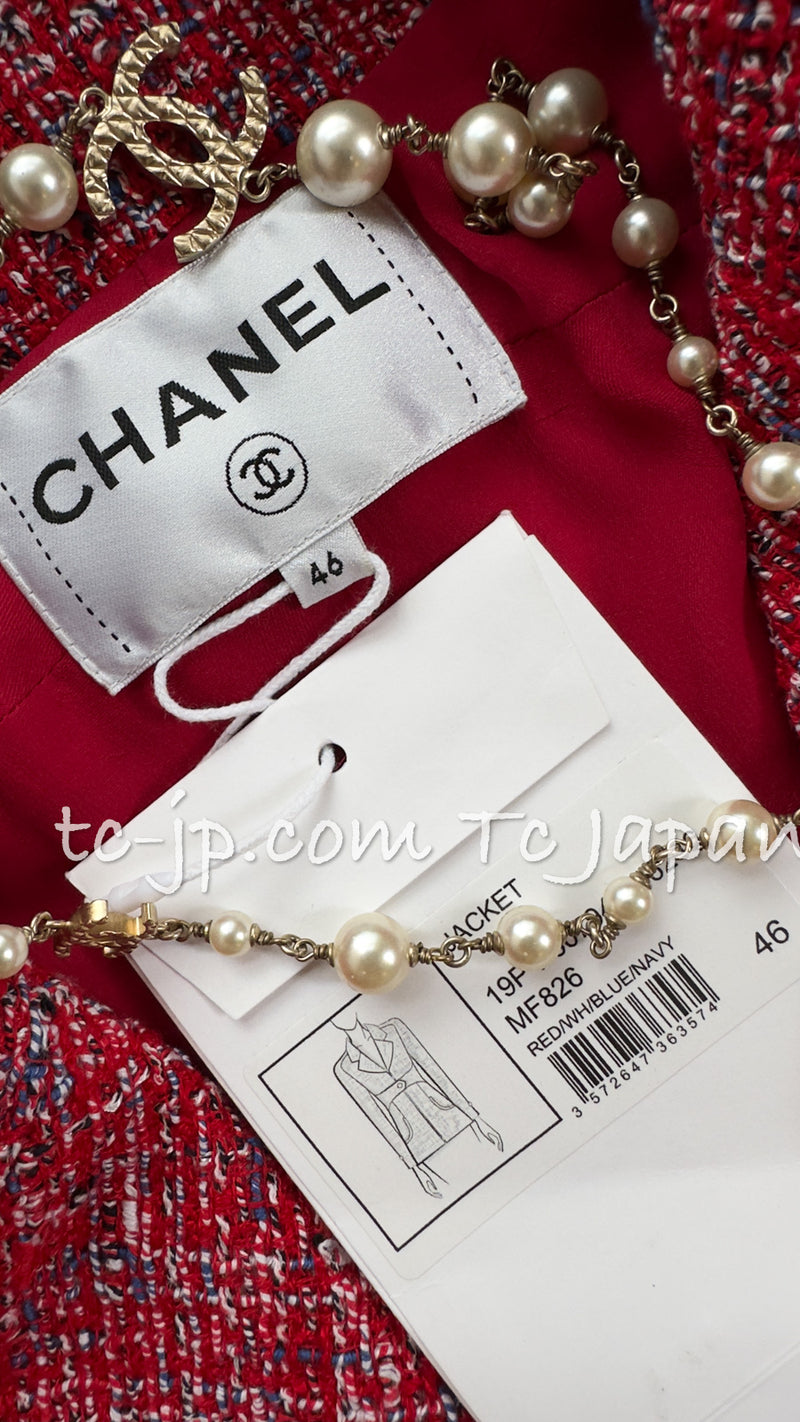 CHANEL 19PS Red Pearl Logo Buttons Tweed Jacket 38 シャネル レッド パール ロゴ ボタン ツイード ジャケット 即発