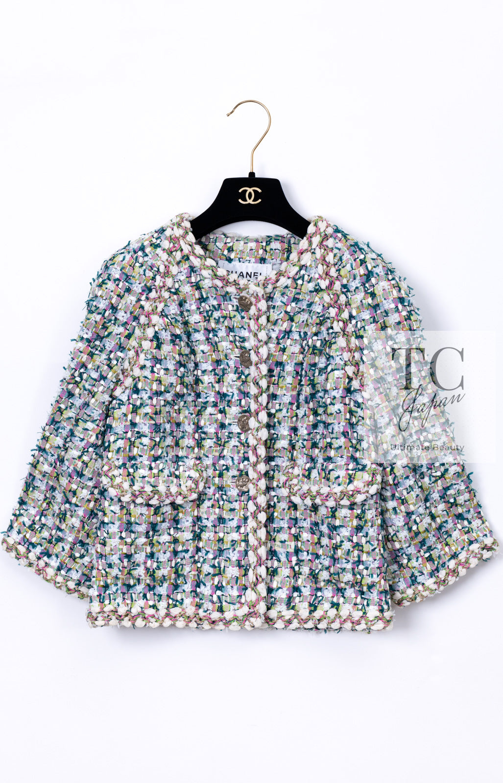 CHANEL 18C Green White Blue Fantasy Tweed Jacket 36 シャネル グリーン ホワイト ブルー ファンタジー ツイード ジャケット 即発