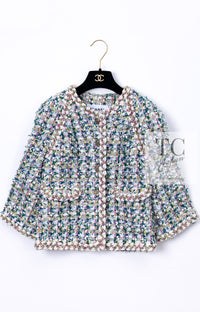 CHANEL 18C Green White Blue Fantasy Tweed Jacket 36 シャネル グリーン ホワイト ブルー ファンタジー ツイード ジャケット 即発