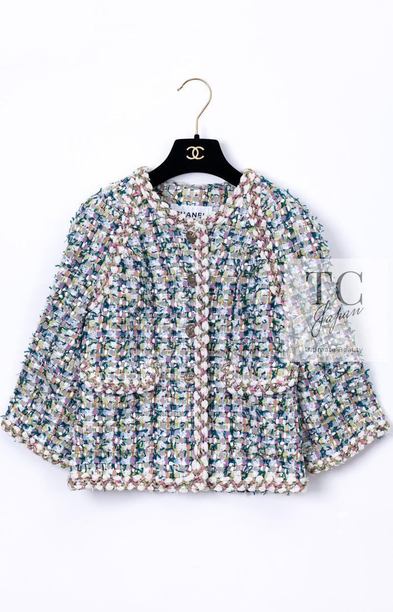 CHANEL 18C Green White Blue Fantasy Tweed Jacket 36 シャネル グリーン ホワイト ブルー ファンタジー ツイード ジャケット 即発