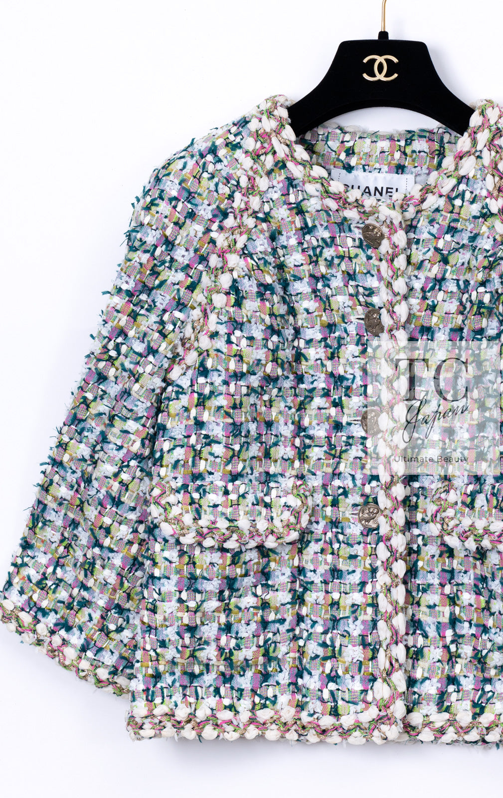 CHANEL 18C Green White Blue Fantasy Tweed Jacket 36 シャネル グリーン ホワイト ブルー ファンタジー ツイード ジャケット 即発