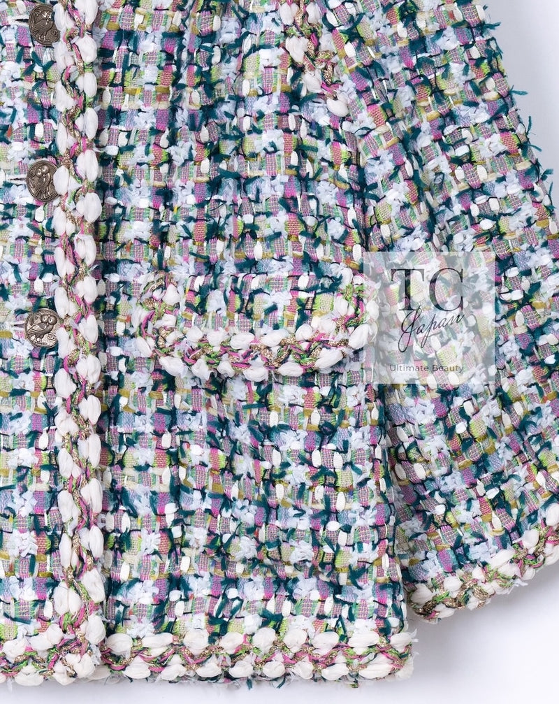 CHANEL 18C Green White Blue Fantasy Tweed Jacket 36 シャネル グリーン ホワイト ブルー ファンタジー ツイード ジャケット 即発