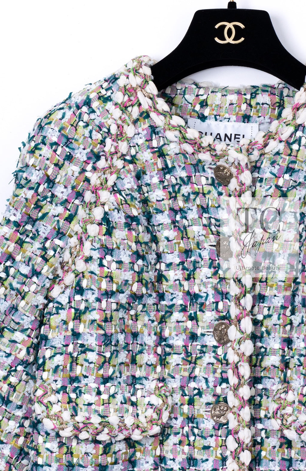 CHANEL 18C Green White Blue Fantasy Tweed Jacket 36 シャネル グリーン ホワイト ブルー ファンタジー ツイード ジャケット 即発