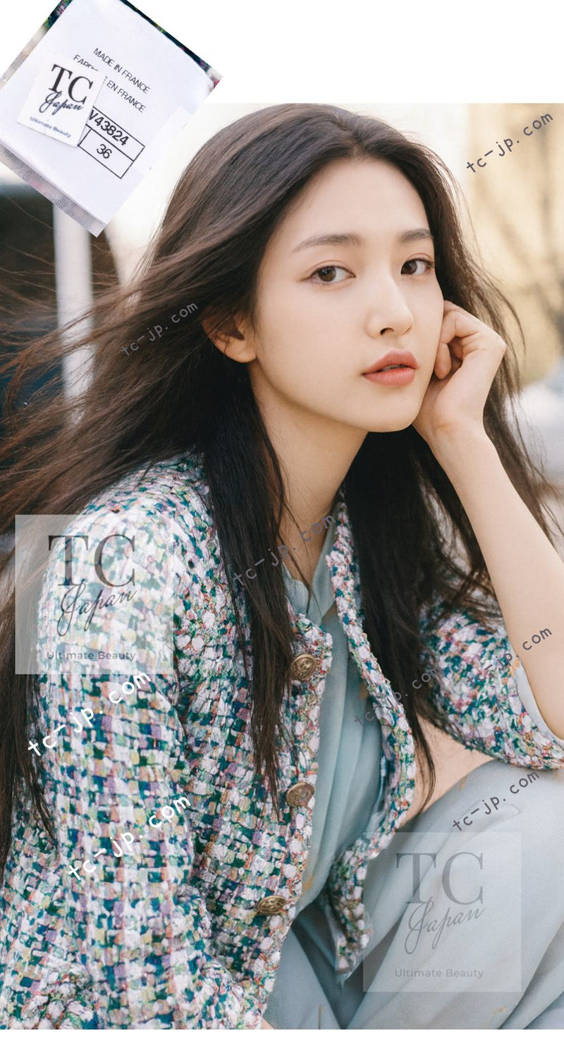 CHANEL 18C Green White Blue Fantasy Tweed Jacket 36 シャネル グリーン ホワイト ブルー ファンタジー ツイード ジャケット 即発