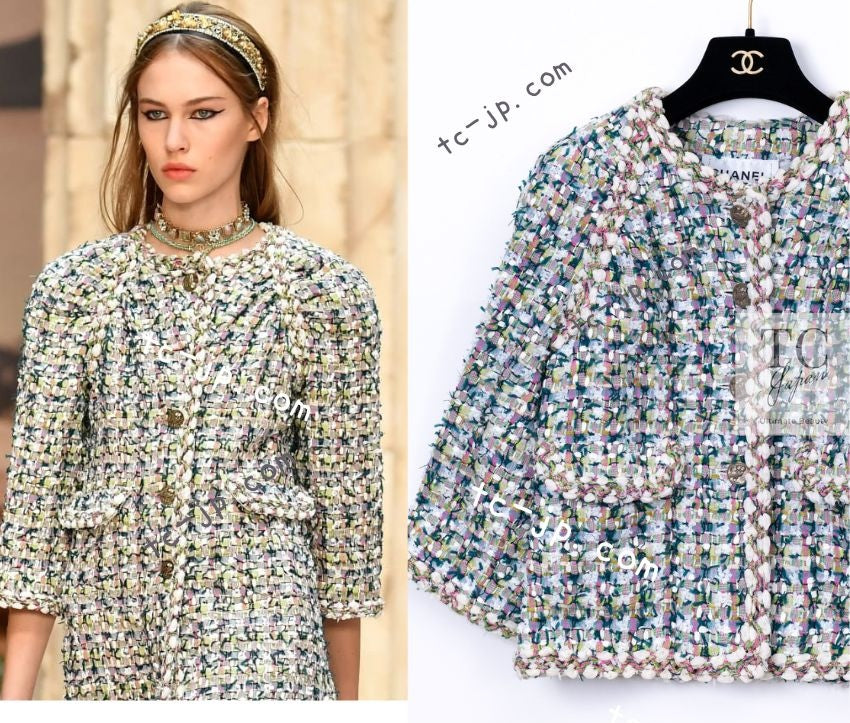 CHANEL 18C Green White Blue Fantasy Tweed Jacket 36 シャネル グリーン ホワイト ブルー ファンタジー ツイード ジャケット 即発