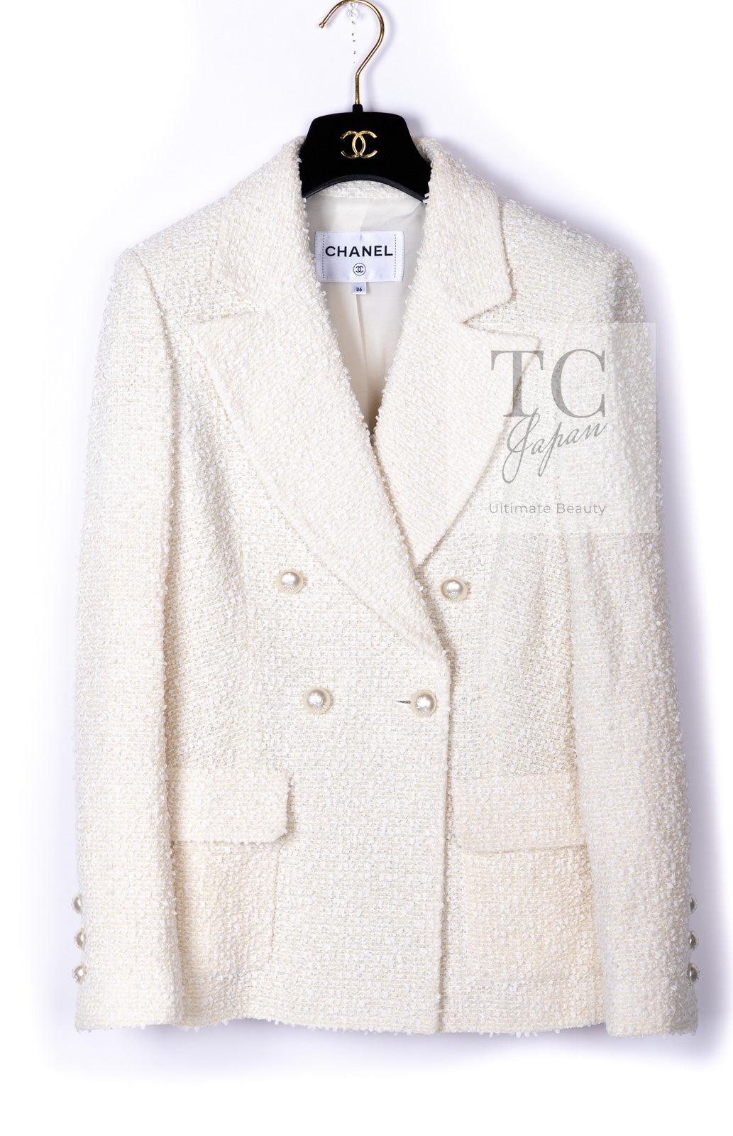 CHANEL 19C Ivory LA PAUSA Buttons Double Jacket 36 38 シャネル アイボリー ラ パウザ ロゴ ボタン ダブル ジャケット 即発