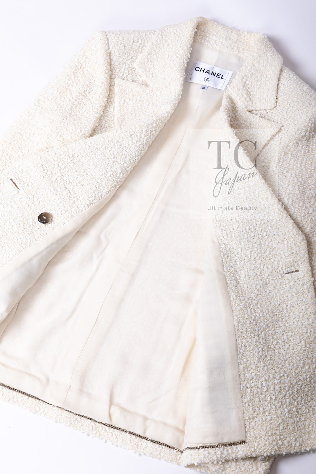 CHANEL 19C Ivory LA PAUSA Buttons Double Jacket 36 38 シャネル アイボリー ラ パウザ ロゴ ボタン ダブル ジャケット 即発