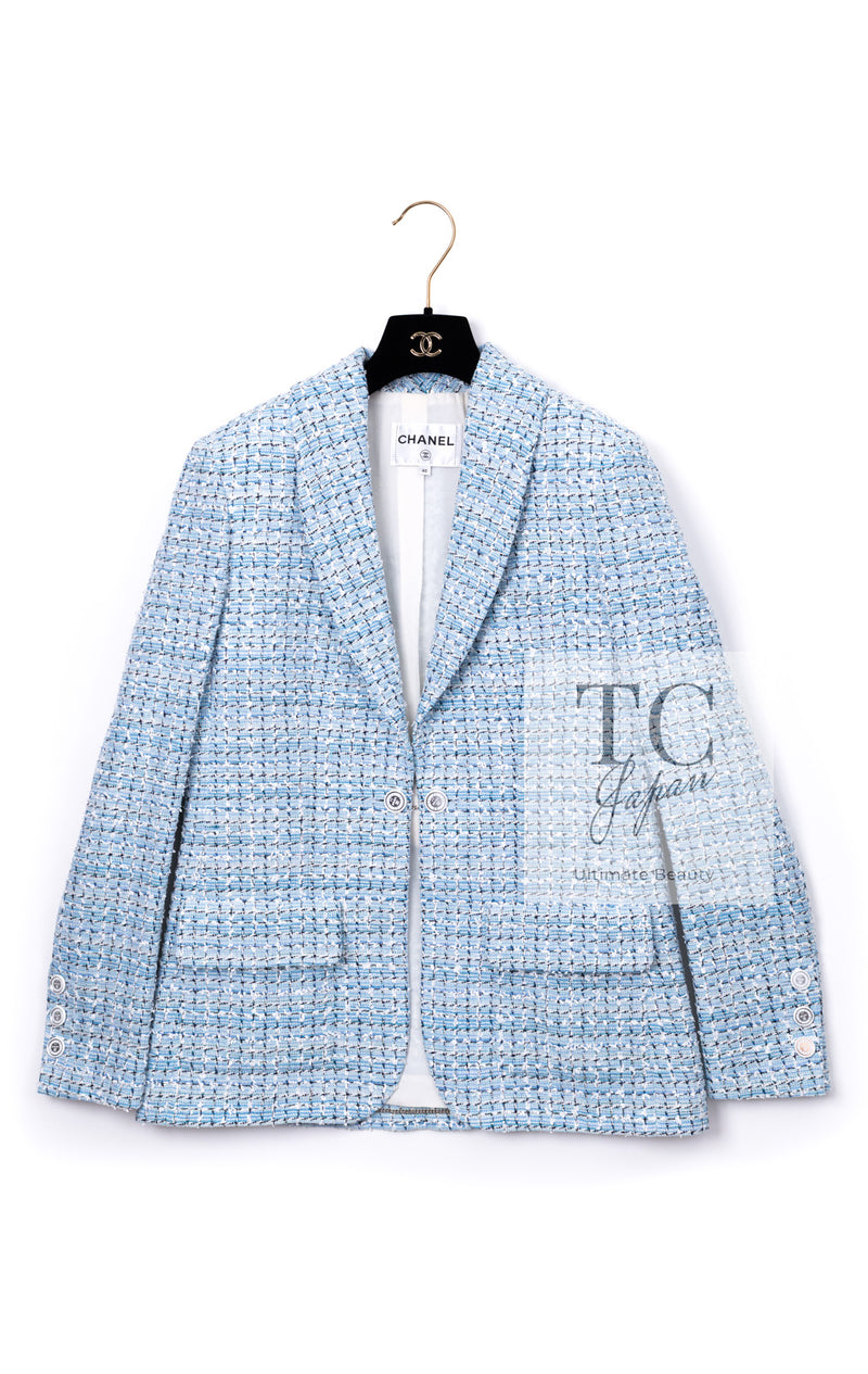 CHANEL 19C Light Blue LA PAUSA Buttons Tweed Jacket 40 シャネル ライト ブルー ラ パウザ ボタン ツイード ジャケット 即発