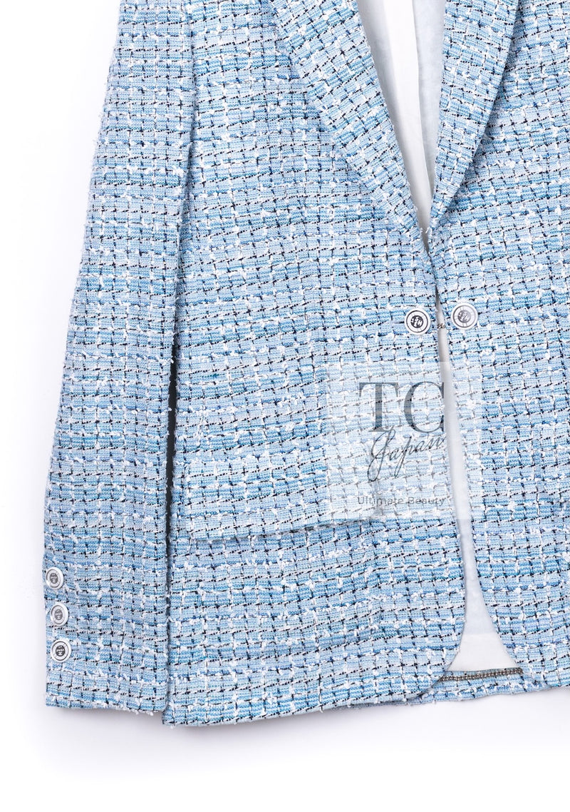 CHANEL 19C Light Blue LA PAUSA Buttons Tweed Jacket 40 シャネル ライト ブルー ラ パウザ ボタン ツイード ジャケット 即発